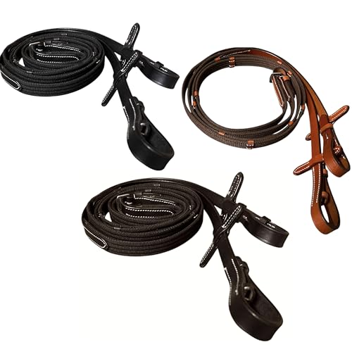 Majestic Ally Horse Reins, Full Size, English Riding, Multiple Styles and Colors - color: Chestnut, style: Leather Ribbed PMC Reins