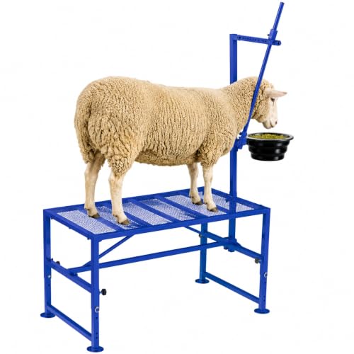 600lbs Goat Milking Stand with Adjustable Headpiece & Legs, Goat Stand with Removable Feeder, Sheep Stand for Shearing, Heavy-Duty Steel Platform for Grooming, Hoof Trimming (Blue, L-47 * 23Inch) - color: Blue, size: L-47*23Inch