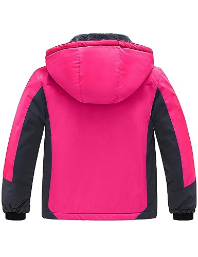 wantdo Girls Winter Ski Coat Fleece Snowboarding Jacket Waterproof 10000mm | Removable Hood, Chest Pocket, Fleece Lining, Windproof, Machine Washable - color: Rose Red, size: 8