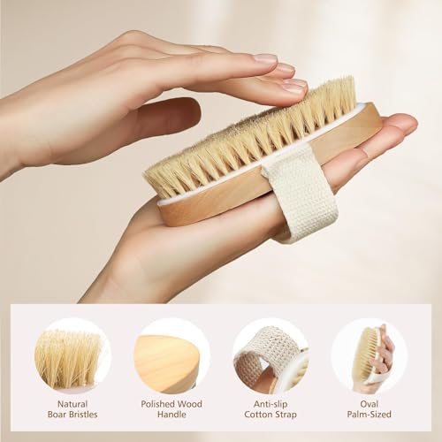 POPCHOSE Dry Brushing Body Brush, Natural Bristle Exfoliating Brush | Natural Boar Bristle Body Brush, Dry or Wet Exfoliating Shower Scrub Brush for Smoother Skin, Self Care Routine Gift - size: 2 Count (PP+Boar Bristles)