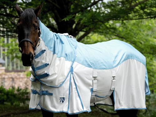 Mesh Horse Fly Sheet with Detachable Neck Cover | Dual-Zone UV Protection & Breathable Design | Elastic Webbing Belly Wrap & Leg Straps | Blue, 69 Inch - color: Glacier Blue, size: 69
