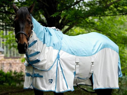 Mesh Horse Fly Sheet with Detachable Neck Cover | Dual-Zone UV Protection & Breathable Design | Elastic Webbing Belly Wrap & Leg Straps | Blue, 78 Inch - color: Glacier Blue, size: 78