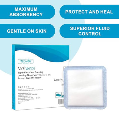 MedVance Super Absorbent Wound Dressing, Non-Adhesive Pads, 6"x6" Box of 10 | Sterile And Individually Wrapped - Non-Stick Wound Bandages - Super Soft - Highly Absorbent & Lock Exudate - Leakproof - size: 6"x6", style: 10 Pack