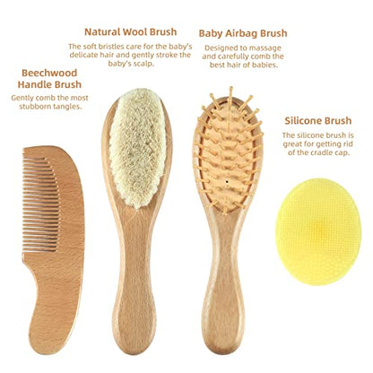 Elfzone Baby Hair Brush Comb Set 4PCS Wooden Bristle Cradle Cap Brush Gift | wooden brush set, soft goat bristle hair brush, silicone cradle cap brush, beech handle comb, ideal gift