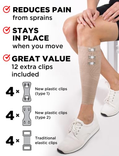 Premium Elastic Bandage Wrap - 4pk (2x3in, 2x4in) + 12 Extra Clips - Strong Compression Bandage Wrap for Leg, Arm, Wrists, Elbow, Ankles, Feet and Knees - for First Aid Kit and After Surgery Recovery - size: 4 Piece Set