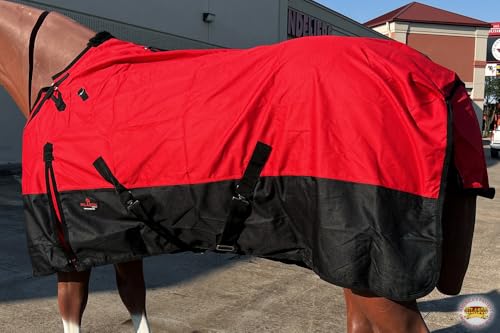 Waterproof Horse Turnout Sheet Hilason 1200D Rip-Stop Lightweight Rain Sheet with Belly Wrap Taffeta Lining Shoulder Gussets - color: Red With Black, size: 69 in