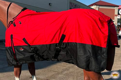 Waterproof Horse Turnout Sheet Hilason 1200D Rip-Stop Lightweight Rain Sheet with Belly Wrap Taffeta Lining Shoulder Gussets - color: Red With Black, size: 81 in