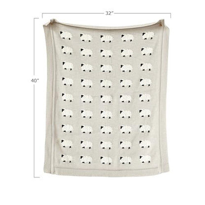 Creative Co-Op Grey Cotton Knit Sheep Blanket - color: Gray, size: 40" L x 32" W