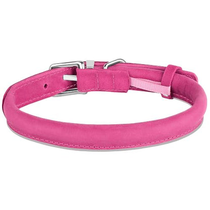 OOPSDOGGY Rolled Leather Dog Collar Reflective – Genuine Leather Round Dog Collar for Small Medium Large Dogs (Fuchsia, 12" – 15") - color: Fuchsia, size: 12" – 15"