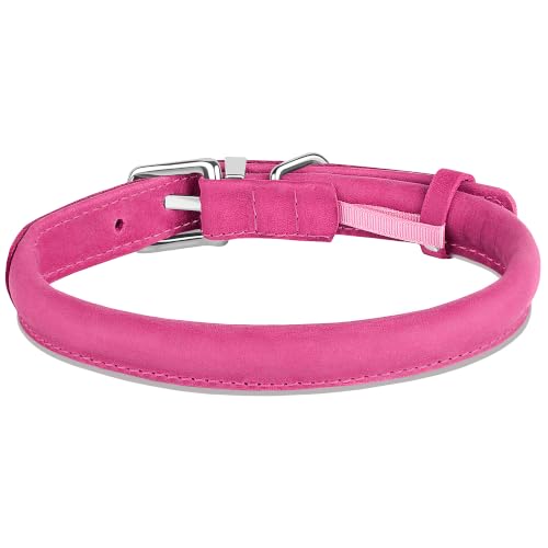 OOPSDOGGY Rolled Leather Dog Collar Reflective – Genuine Leather Round Dog Collar for Small Medium Large Dogs (Fuchsia, 14" – 18") - color: Fuchsia, size: 14" – 18"