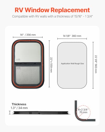 VEVOR Vertical RV Window, 14" W x 22" H, Black Tinted Sliding Window with Net Screen & Trim Ring, Fits 15/16" - 1 3/4" Thickness Wall, DOT Approved for RVs, Trailers, Campers, and Cargo Trailers - size: 14x22in, style: Vertical