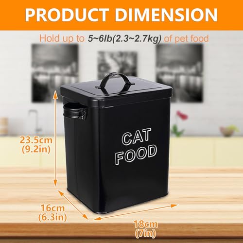 Pethiy Cat Food and Treats Containers Set with Scoop for Cats or Dogs -Tight Fitting Wood Lids - Coated Carbon Steel - Storage Canister Tins-Cat-Black - color: Black(CAT FOOD)