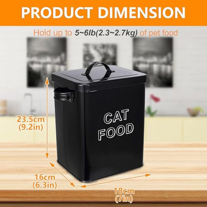 Pethiy Cat Food and Treats Containers Set with Scoop for Cats or Dogs -Tight Fitting Wood Lids - Coated Carbon Steel - Storage Canister Tins-Cat-Black - color: Black(CAT FOOD)