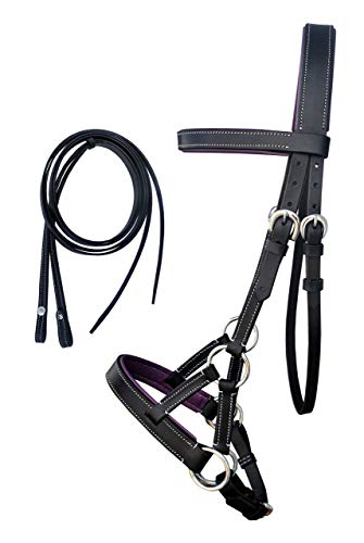 CHALLENGER Horse Western Brown Leather Training Tack Bitless Sidepull Bridle Reins 7711 - color: Black/Purple, size: Full