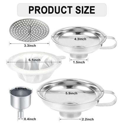 Stainless Steel Food Canning Funnels for Kitchen Use,Wide Mouth Funnel for Regular Mason Jar,Large Canning Supplies Kit for Filling Bottle(2pcs funnels,Strainer,mesh,Dispensing Funnel)