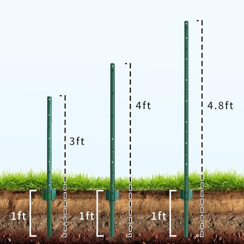 Metal Fence Post 3 Feet Green, Pack of 10, T Post for Wire Fence - color: Green 10pcs, size: 3 ft.