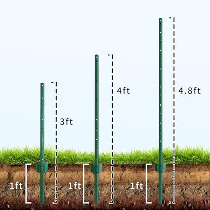 Metal Fence Post 3 Feet Green, Pack of 10, T Post for Wire Fence - color: Green 10pcs, size: 3 ft.
