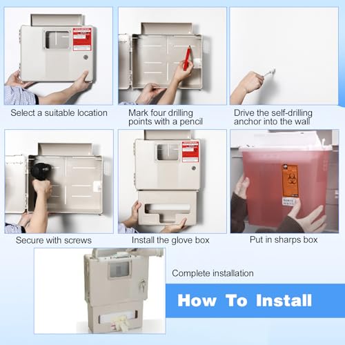 1 Set Wall Mount Locking Cabinet with Glove Box for 5 Qt Sharps Container | Locking Cabinet for Secure Sharps Disposal, Includes Wall Mount Screws, Fits 5 Quart Container, Glove Dispenser Below