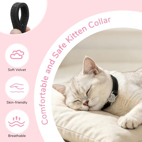 BINGPET Diamond Cat Collar with Bell, Adjustable Kitten Collar, Black - color: Black(Heart), size: Neck Girth 6"-8"