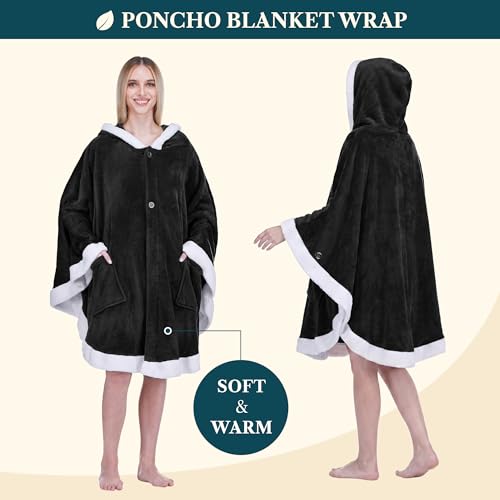 PAVILIA Hooded Blanket Poncho for Women, Fleece Wearable Shawl Wrap, Black | Fleece Shawl Wrap with Hood, Adult Wearable Blanket, Cozy Warm Poncho Cape Throw with Pockets, Gift for Elderly Mom - color: Black