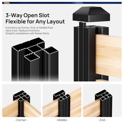 4 Pack 6FT 3-Way Aluminum Fence Post, 1.8mm Thick Walls & 10mm Base - color: 4 Pack Black Fence Post, size: 6 Feet