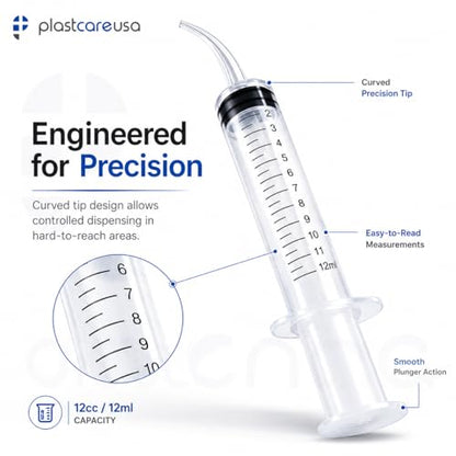 50 Curved Tip Irrigation Syringes (12cc / 12ml) - Disposable Oral Dispensing Utility Syringe (Box of 50) by PlastCare USA