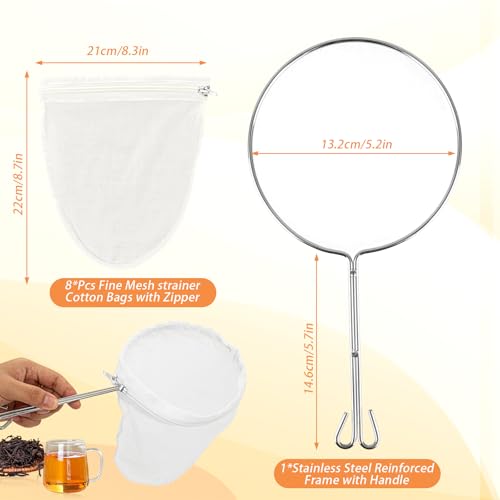 Fine Mesh Strainer Bags, 8 Pcs Reusable Nut Milk Bags, with Stainless Steel Handle for Filtering Juice, Milk, Yogurt, Coffee and Soup