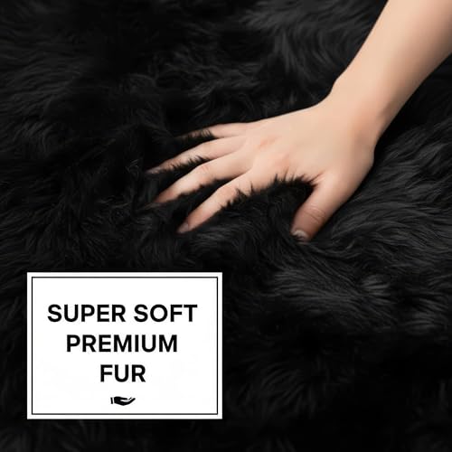 Super Area Rugs Black Sheepskin Rug Genuine Single 2x3ft Pelt Fluffy Fur Seat Cushion and Chair Cover - color: Dark Black, size: 2' x 3' (Natural)