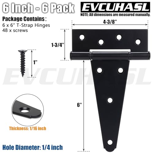 6 Inch T-Strap Gate Hinges, Shed Barn Door Hinges Heavy Duty, Black Tee Hinges for Wooden Fences, Yard Gate, Wrought Hardware Iron Rustproof (6 Pack/Set) - size: 6 Inch