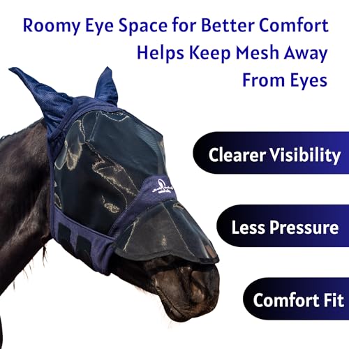 Horse Fly Mask with Ears and Extended Nose, Large Eye Space for Comfort, UV Protective Mesh Horse Mask with Shaped Nose and Upgraded Hook and Loop Fastener (Dark Navy Blue, Cob (Medium)) - size: Cob (Medium)