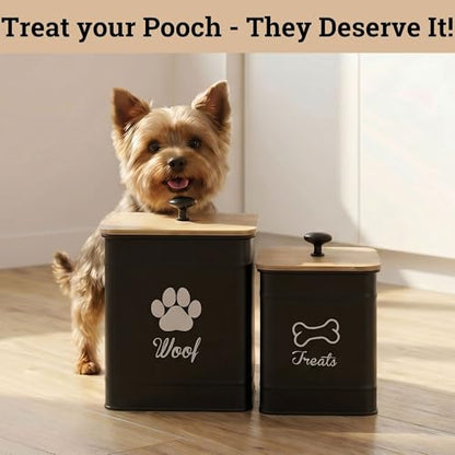 Dog Treat Container Airtight Set of 2 - 8x6 & 7x5 inch Iron Dog Treat Jars for Kitchen Counter with Airtight Bamboo Lids - 20 Cup Capacity Pet Treat Container Set - Doggie Cookie Jar - Treats Canister | Fits All Popular Treats, Up to 20 Cups Combined Capa