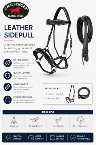 CHALLENGER Leather Floral Bitless Sidepull Bridle Split Reins 77RS28BK