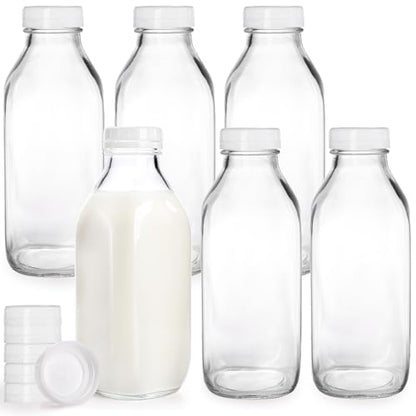 Bekith 6 Pack Liter Glass Milk Bottles with Airtight Screw Lid, 32 Oz Glass Juice Bottles, Reusable Glass Beverage Drinking Jar Juice Container for Milk, Honey, Jam (Extra 6 Lid with Silicone Gasket)