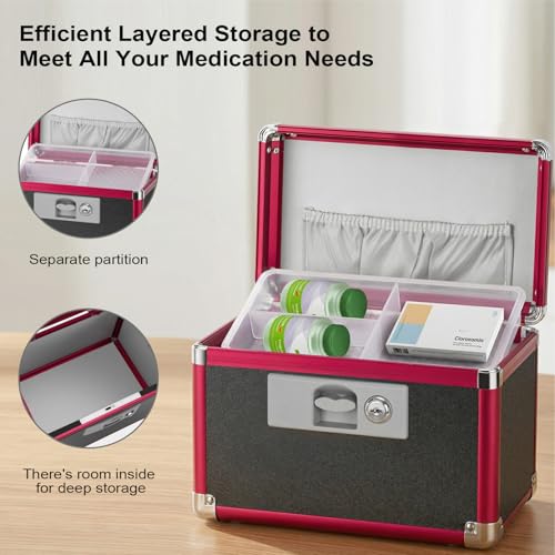 Medicine Lock Box with Key Lock - 16" Hard Case First Aid Safe Medication Storage with Removable Tray & Pockets for Pills, Home, Car & Outdoor - Black Red [with Strap] - size: Extra Large