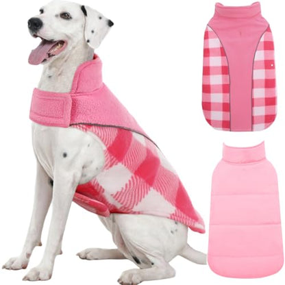 Kuoser Dog Winter Coat, Reversible Waterproof Dog Jacket with Reflective Strip, Warm Dogs Fleece Vest Adjustable Doggy Cold Weather Clothes Plaid Christmas Outfit Pet Apparel for Large Dogs, Pink 2XL - color: Pink, size: XX-Large (Chest Girth: 29.9-35.4''