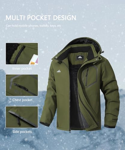 Men's Mountain Ski Jacket Winter Snow Coats Waterproof Warm Fleece Lining Jacket Parka with Hooded - color: Army Green, size: Small