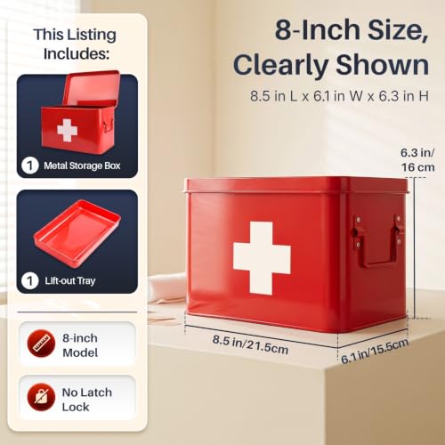 Flexzion Large Metal First Aid Box Empty, 8.5-Inch, Red with White Cross - color: Red, size: 8.5 Inch without Latch Lock