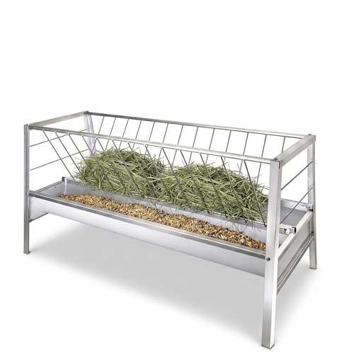 2-in-1 Goat Hay Feeder with Grain Water Pan, 90 Gallon Capacity, 59" Long Rust Resistant Galvanized Livestock Feeding Trough, Heavy Duty Steel for Goats, Sheep, Cow, Horse
