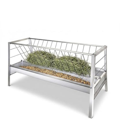 2-in-1 Goat Hay Feeder with Grain Water Pan, 90 Gallon Capacity, 59" Long Rust Resistant Galvanized Livestock Feeding Trough, Heavy Duty Steel for Goats, Sheep, Cow, Horse