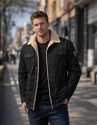 KEFITEVD Men's Winter Fleece Jacket Sherpa Lined Warm Cargo Trucker Coat - color: Black, size: Small