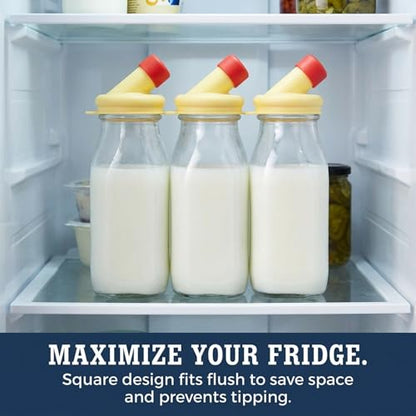 kitchentoolz Glass Creamer Bottle 12 Oz Square Glass Milk Bottle with Lids- Glass Bottles with Lids - Milk Container for Refrigerator - 12 Ounce Milk Bottle with Lid and Pour Spout