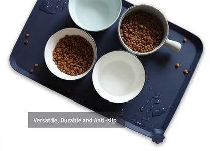 Hoki Found L Silicone Non Slip Pet Dog Cat Bowl Mats - Placemat - Waterproof Dog Cat Food Mats for Carpet - French Navy - color: French Navy, size: 22" x 14"