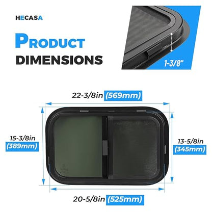 HECASA 21"W x 14"H RV Window w/Trim Ring & Mesh Screen Teardrop Tinted | Horizontal Side Window For Trailer, Camper, Truck Tempered Glass Aluminium Rubber Plastic Black - size: 21" W x 14" H