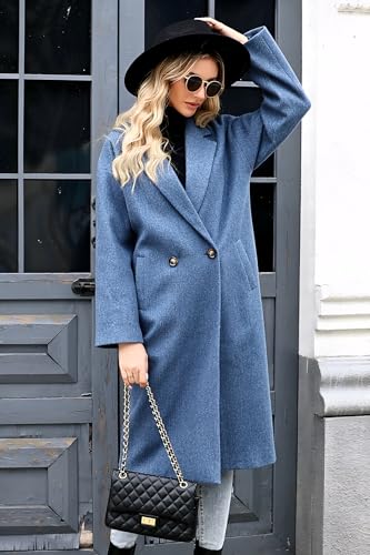 SAUKOLE Womens Winter Pea Coat Notch Lapel Double Breasted Wool Blend Oversized Overcoat with Pockets - color: 12#blue, size: Medium