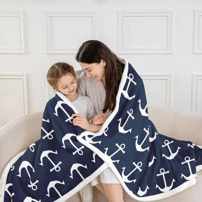 Feelyou Nautical Fuzzy Blanket Anchor Sherpa Throw Blanket Sea Adventure Fleece Throw Blanket Soft Warm Cozy Ocean Theme Plush Blanket Navy Blue 60"X80" - color: Blue White, size: 60" x 80"