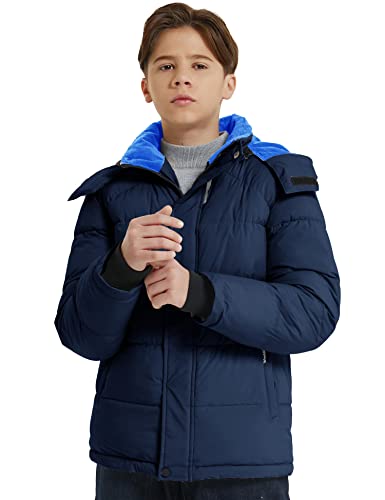 wantdo Boys Puffy Winter Coats Fleece-Lined Snow Jackets Removable Hood | Elastic Cuffs, Hook-and-Loop Collar, Windproof, Machine Washable - color: Navy, size: 8-9