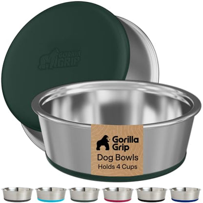 GORILLA GRIP Dog Bowls, Food Grade Stainless Steel, Set of 2, 4 Cup, Green | 304 Stainless Steel Pet Feeding Bowls Hold 32 fl oz Each, Dishwasher Safe, Rust Resistant, BPA Free Rubber Base - color: Hunter Green, size: 4 Cup (32 Oz)