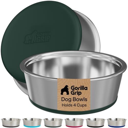 GORILLA GRIP Dog Bowls, Food Grade Stainless Steel, Set of 2, 4 Cup, Green | 304 Stainless Steel Pet Feeding Bowls Hold 32 fl oz Each, Dishwasher Safe, Rust Resistant, BPA Free Rubber Base - color: Hunter Green, size: 4 Cup (32 Oz)