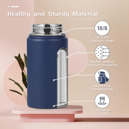 Volhoply 14oz KIds Stainless Steel Insulated Leakproof Water Bottle with Straw Lid and Silicone Boot,BPA-Free Easy Use for Boys&Girls,Double Wall Vacuum Bottles(Navy,1) - color: Navy
