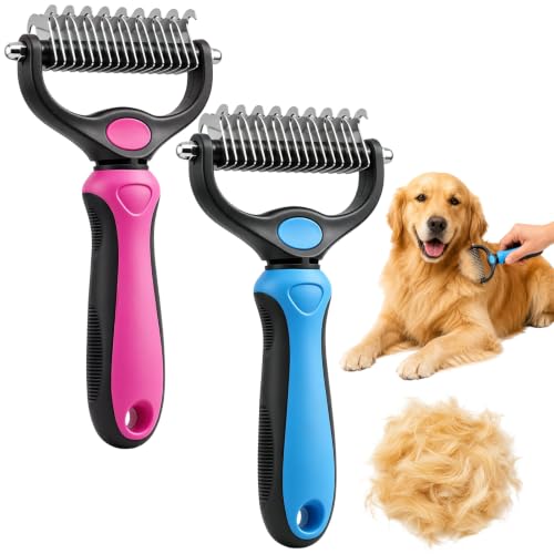 2PCS Pet Grooming Combo - Blue Deshedding Brush with Metal Comb for Detangling and Dematting Long, Matted Fur on Cats and Dogs (Pink+Blue) - color: Pink+Blue